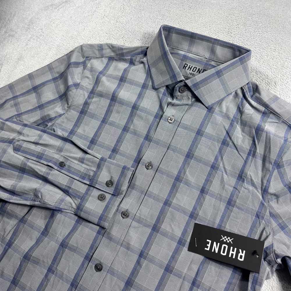 Rhone State of Mind Slim Fit Shirt Mens M Indigo Herringbone Plaid 103023-972